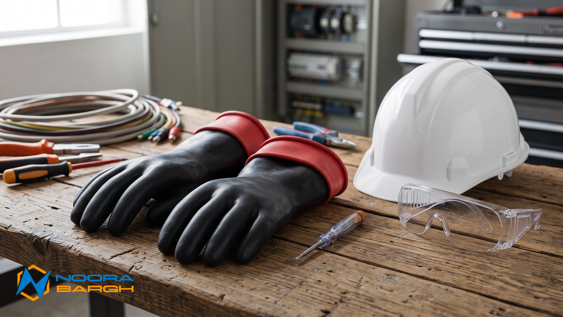تجهیزات حفاظت فردی (PPE) شامل دستکشهای عایق، کلاه و عینک ایمنی برای برقکاری
